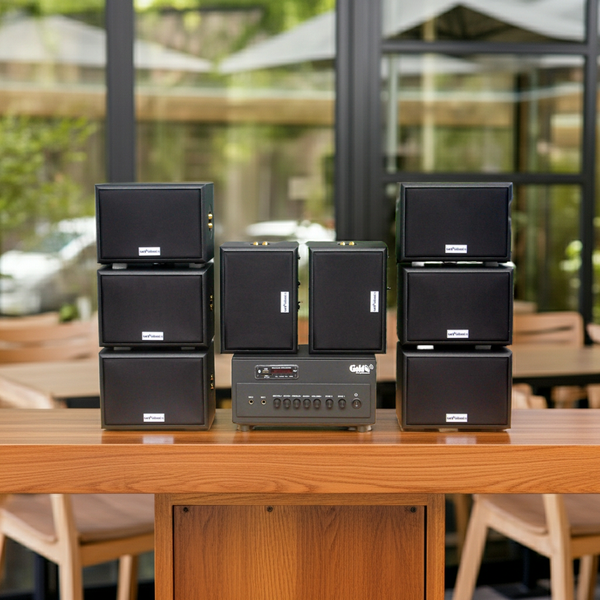 Dàn loa sân vườn: Amply A384PU-2K Goldsound 380w + 8 loa Goldsound ngoài trời V101-NT - 15w, loa được thiết kế riêng cho quán, bật lớn không tạp âm, không bao gồm công lắp đặt, bảo hành 12 tháng