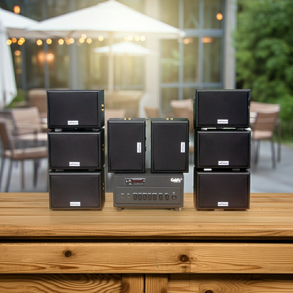 Dàn loa sân vườn: Amply A384PU-2K Goldsound 380w + 8 loa Goldsound ngoài trời V101-NT - 15w, loa được thiết kế riêng cho quán, bật lớn không tạp âm, không bao gồm công lắp đặt, bảo hành 12 tháng