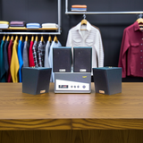 Dàn loa treo tường thông báo phát nhạc nền: 1 Amply A150 và 4 loa V18, Amply 2 vùng âm lượng, loa được thiết kế riêng cho quán, bật lớn không tạp âm, bảo hành dài hạn 5 năm.