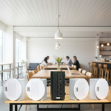 Loa âm trần thông báo, phát nhạc nền tự động: Amply AMT155 + 4 VAT38, loa được thiết kế riêng cho quán, bật lớn không tạp âm, miễn phí công lắp đặt, bảo hành dài hạn 5 năm.