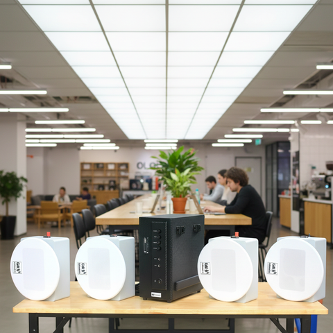 Dàn loa âm trần: 1 Amply AMT154 + 4 VAT38, loa được thiết kế riêng cho quán, bật lớn không tạp âm, miễn phí công lắp đặt, bảo hành dài hạn 5 năm.