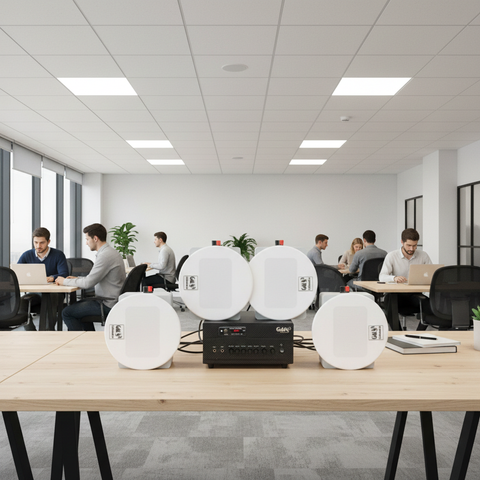 Loa âm trần thông báo, phát nhạc nền: Âm ly A384 Goldsound 2 vùng âm lượng 380w + 4 loa âm trần Goldsound VAT38 38w, loa được thiết kế riêng cho quán, bật lớn không tạp âm, miễn phí công lắp đặt, bảo hành dài hạn 5 năm.