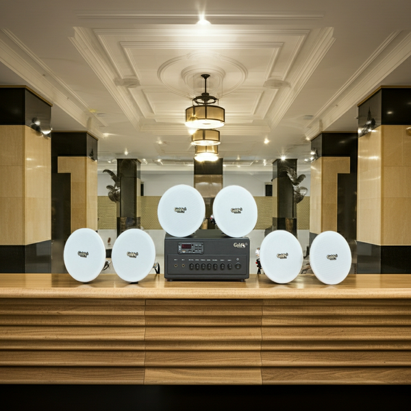 Dàn loa âm trần thông báo, phát nhạc nền tự động: A384PU-2K Goldsound 2 vùng âm lượng 380w + 6 loa âm trần VAT14, loa được thiết kế riêng cho quán, bật lớn không tạp âm, miễn phí công lắp đặt, bảo hành dài hạn 12 tháng