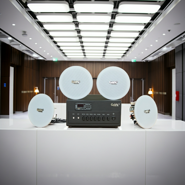 Dàn loa âm trần thông báo, phát nhạc nền tự động: A384PU-2K Goldsound 2 vùng âm lượng 380w + 4 loa âm trần VAT14, loa được thiết kế riêng cho quán, bật lớn không tạp âm, miễn phí công lắp đặt, bảo hành dài hạn 12 tháng