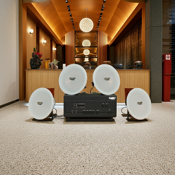 Dàn loa âm trần thông báo, phát nhạc nền tự động: A907PU-2K Goldsound 2 vùng âm lượng 900w + 4 loa âm trần VAT27, loa được thiết kế riêng cho quán, bật lớn không tạp âm, miễn phí công lắp đặt, bảo hành dài hạn 12 tháng