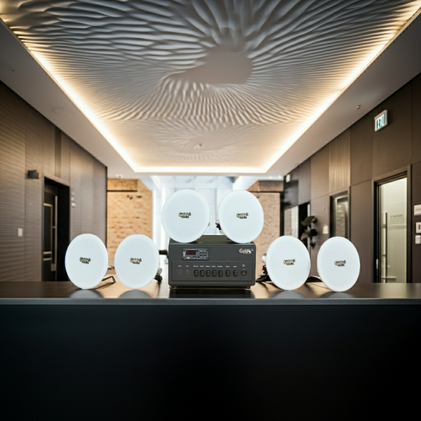 Dàn loa âm trần thông báo, phát nhạc nền tự động: A384PU-2K Goldsound 2 vùng âm lượng 380w + 6 loa âm trần VAT14, loa được thiết kế riêng cho quán, bật lớn không tạp âm, miễn phí công lắp đặt, bảo hành dài hạn 12 tháng