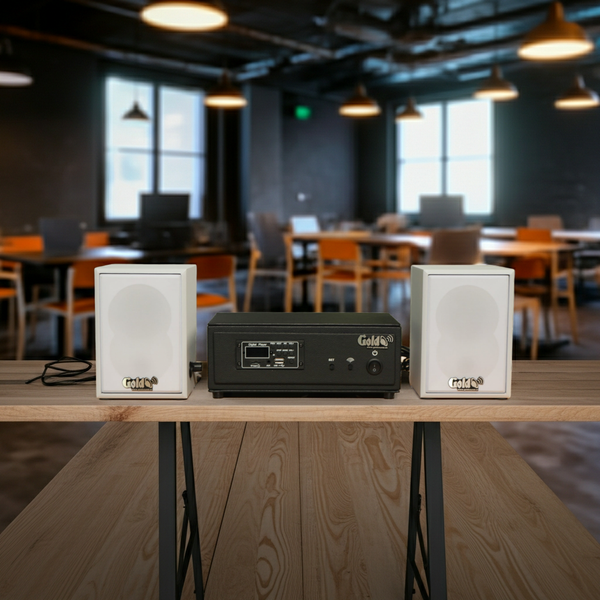 Dàn loa không dây treo tường, Loa thông báo, loa phát nhạc tự động: 01 amply A57 Goldsound + 2 loa không dây Goldsound V27 - 27w