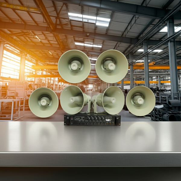 Loa thông báo nhà xưởng: 1 Amply A850F + 06 Ne65w, Amply 5 vùng, loa được thiết kế riêng, bật lớn không tạp âm, miễn phí công lắp đặt, bảo hành dài hạn 12 tháng