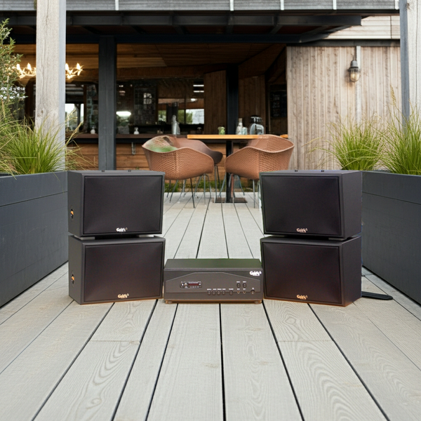 Dàn loa treo tường: Amply A917PU-2K Goldsound 2 vùng âm lượng 1200w + 4 loa Goldsound V130PU-MT, loa được thiết kế riêng cho quán, bật lớn không tạp âm, miễn phí công lắp đặt, bảo hành dài hạn 5 năm