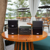 Dàn loa sân vườn: Amply A154PU Goldsound 150w + 4 loa Goldsound ngoài trời V101-NT - 15w, loa được thiết kế riêng cho quán, bật lớn không tạp âm, không bao gồm công lắp đặt, bảo hành 12 tháng