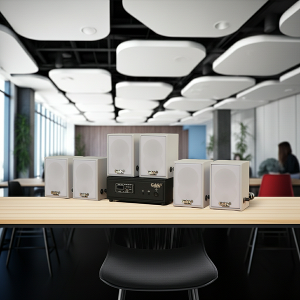 Dàn loa không dây treo tường, Loa thông báo, loa phát nhạc tự động: 01 amply A57 Goldsound + 6 loa không dây Goldsound V27 - 27w