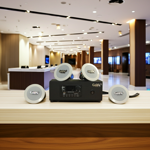 Dàn loa âm trần thông báo, phát nhạc nền tự động: A2.0PU Goldsound 60w + 4 loa âm trần VAT8, loa được thiết kế riêng cho quán, bật lớn không tạp âm, miễn phí công lắp đặt, bảo hành dài hạn 12 tháng