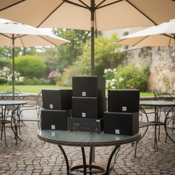 Dàn loa sân vườn: Amply A384-6K Goldsound 6 vùng âm lượng 1200w + 6 loa Goldsound ngoài trời V130NT 130w, Amply 4 - 6 vùng âm lượng, loa được thiết kế riêng cho quán, bật lớn không tạp âm, miễn phí công lắp đặt, bảo hành 12 tháng