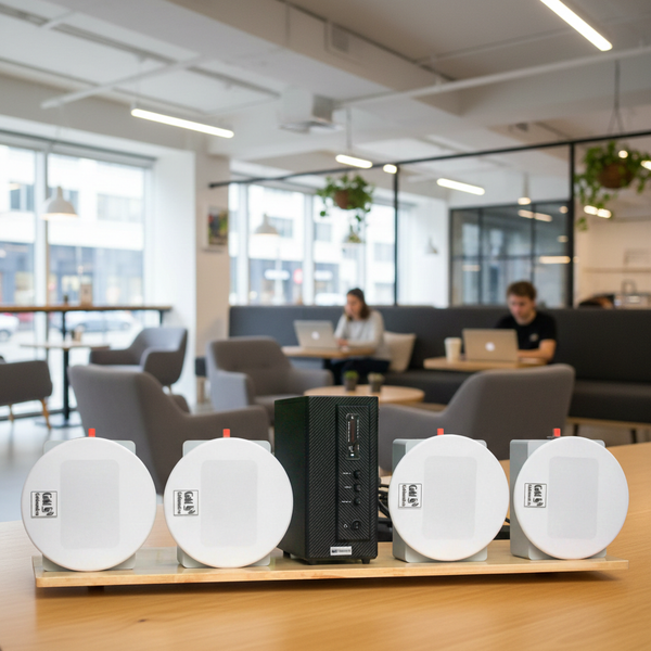 Loa âm trần thông báo, phát nhạc nền tự động: Amply AMT155 + 4 VAT38, loa được thiết kế riêng cho quán, bật lớn không tạp âm, miễn phí công lắp đặt, bảo hành dài hạn 5 năm.