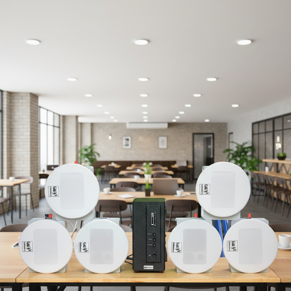 Loa âm trần thông báo, phát nhạc nền tự động: AMT156 Goldsound 200w + 6 loa âm trần Goldsound VAT38 38w, loa được thiết kế riêng cho quán, bật lớn không tạp âm, miễn phí công lắp đặt, bảo hành dài hạn 5 năm