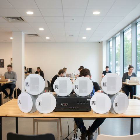 Loa âm trần thông báo, phát nhạc nền tự động: A384-4K Goldsound 4 vùng âm lượng 800w + 8 loa âm trần Goldsound VAT38 38w, Amply 4 - 6 vùng âm lượng, loa được thiết kế riêng cho quán, bật lớn không tạp âm, miễn phí công lắp đặt, bảo hành dài hạn 5 năm.