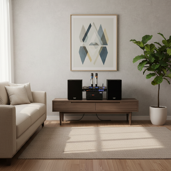 Hàng trưng bày: DÀN KARAOKE GOLD120B (AMPLY 1200W+ 2 V120+ bộ micro không dây + Vang)