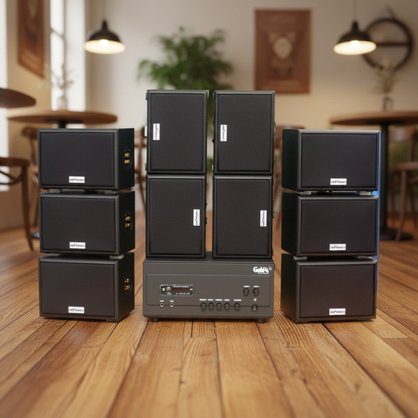 Dàn loa sân vườn: Amply A907PU-2K Goldsound 900w + 10 loa Goldsound ngoài trời V101-NT - 15w, loa được thiết kế riêng cho quán, bật lớn không tạp âm, không bao gồm công lắp đặt, bảo hành 12 tháng