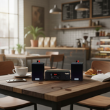 1 amply A2.0 + 2 loa V15: Amply, loa thông báo phát nhạc nền tự động được thiết kế riêng cho quán, bật lớn không tạp âm, bảo hành dài hạn 5 năm.