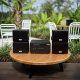 Dàn loa sân vườn: Amply A154PU Goldsound 150w + 4 loa Goldsound ngoài trời V101-NT - 15w, loa được thiết kế riêng cho quán, bật lớn không tạp âm, không bao gồm công lắp đặt, bảo hành 12 tháng