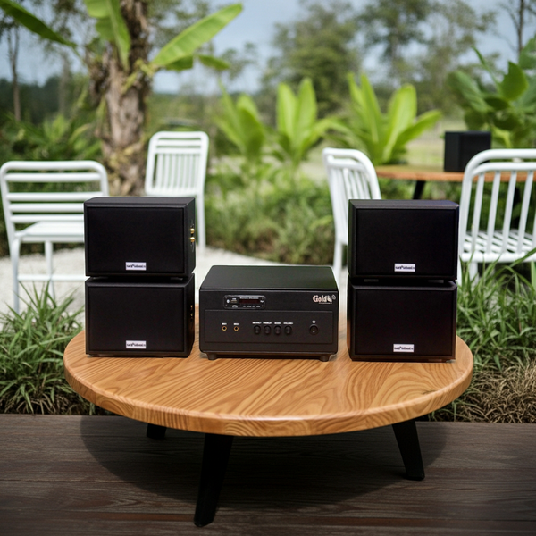 Dàn loa sân vườn: Amply A154PU Goldsound 150w + 4 loa Goldsound ngoài trời V101-NT - 15w, loa được thiết kế riêng cho quán, bật lớn không tạp âm, không bao gồm công lắp đặt, bảo hành 12 tháng