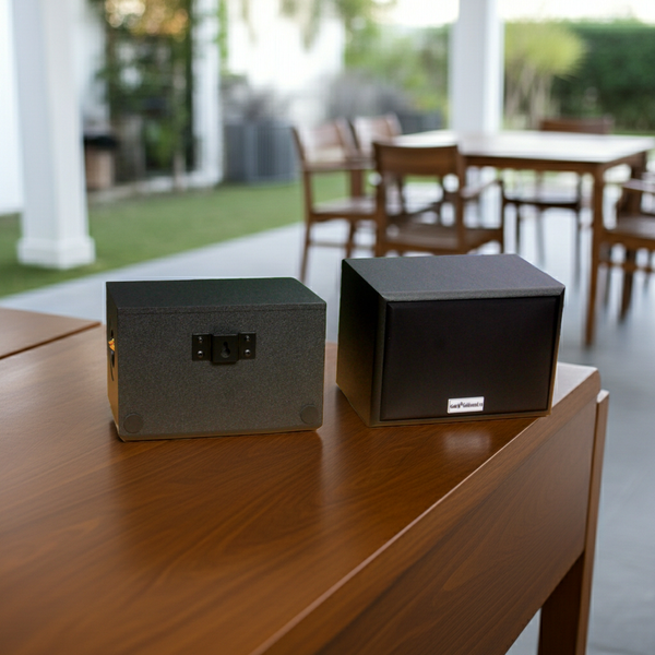 Dàn loa sân vườn: Amply A384PU-2K Goldsound 380w + 8 loa Goldsound ngoài trời V101-NT - 15w, loa được thiết kế riêng cho quán, bật lớn không tạp âm, không bao gồm công lắp đặt, bảo hành 12 tháng