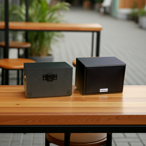 Dàn loa sân vườn: Amply A384PU-2K Goldsound 380w + 8 loa Goldsound ngoài trời V101-NT - 15w, loa được thiết kế riêng cho quán, bật lớn không tạp âm, không bao gồm công lắp đặt, bảo hành 12 tháng