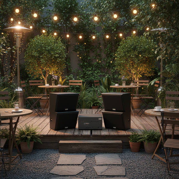 Dàn loa sân vườn: Amply A1800 + 4 V130NT, Amply 4 - 6 vùng âm lượng, loa được thiết kế riêng, bật lớn không tạp âm, miễn phí công lắp đặt, bảo hành dài hạn 5 năm.