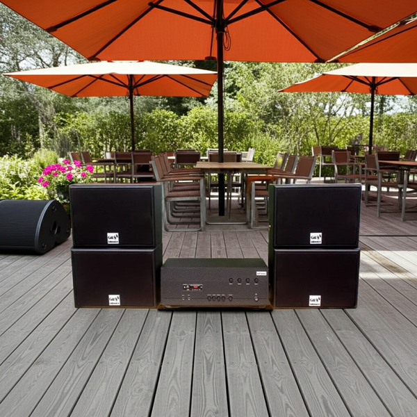 Dàn loa sân vườn: Amply A384-4K Goldsound 4 vùng âm lượng 800w + 4 loa Goldsound ngoài trời V130NT 130w, Amply 4 - 6 vùng âm lượng, loa được thiết kế riêng cho quán, bật lớn không tạp âm, miễn phí công lắp đặt, bảo hành 12 tháng