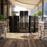 Loa treo tường phát nhạc nền quán cafe, nhà hàng: Amply A1800 Goldsound 4 vùng âm lượng 1800w + 18 loa Goldsound V25C 25W, Amply 4 - 6 vùng âm lượng, loa được thiết kế riêng cho quán