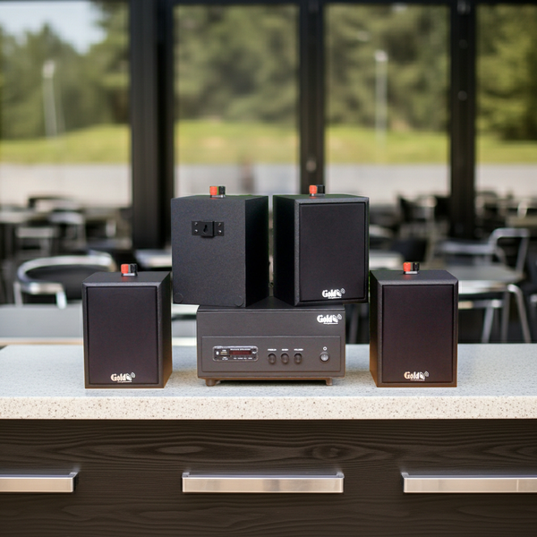 Dàn loa treo tường: Amply A156PU Goldsound 200w + 4 loa Goldsound V24c - 24w, loa được thiết kế riêng cho quán, bật lớn không tạp âm, bảo hành dài hạn 5 năm.