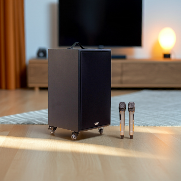 Loa di động D230PU - MI, công suất 230w, pin 4 - 6 tiếng, kèm 2 Micro, 1 bass, 1 treble, bluetooth 5.0, cổng rca, khe usb, thiết kế loa thùng gỗ, cao 57.25 cm, rộng 35.5 cm, sâu 36 cm. Bảo hành 12 tháng