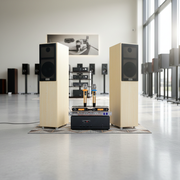 Dàn karaoke gia đình loa cây V386-A900 Goldsound ( 01 amply 900w + 02 loa cây + 01 vang cơ + Micro ) - Hàng trưng bày đồng giá cuối năm