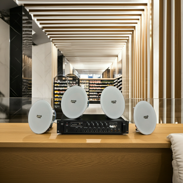 Dàn loa âm trần thông báo, phát nhạc nền tự động: A550F Goldsound 5 vùng âm lượng 550w + 4 loa âm trần VAT27, loa được thiết kế riêng cho quán, bật lớn không tạp âm, miễn phí công lắp đặt, bảo hành dài hạn 12 tháng