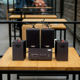 Loa treo tường phát nhạc nền thông báo: Amply A156PU Goldsound 200w + 4 loa Goldsound V25c - 25w, loa được thiết kế riêng cho quán, bật lớn không tạp âm, không bao gồm công lắp đặt, bảo hành 5 năm
