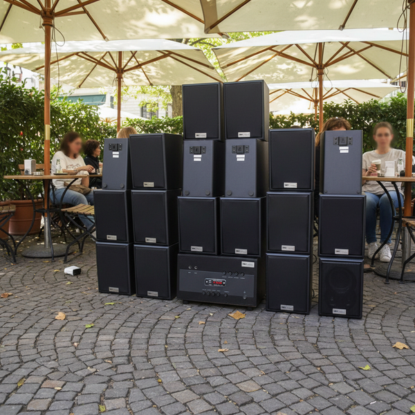 Loa treo tường phát nhạc nền quán cafe, nhà hàng: Amply A1800 Goldsound 4 vùng âm lượng 1800w + 18 loa Goldsound V25C 25W, Amply 4 - 6 vùng âm lượng, loa được thiết kế riêng cho quán