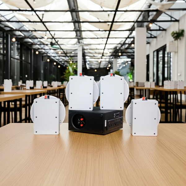 Dàn loa âm trần: 1 AMT384 + 4 VAT28, loa được thiết kế riêng cho quán, bật lớn không tạp âm, miễn phí công lắp đặt, bảo hành dài hạn 5 năm.