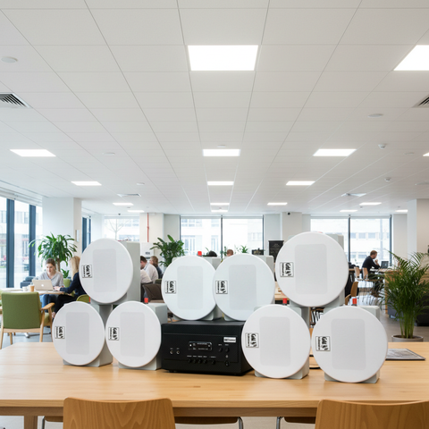 Loa âm trần thông báo, phát nhạc nền: Âm ly A907 Goldsound 2 vùng âm lượng 900w + 8 loa âm trần Goldsound VAT38 38w, loa được thiết kế riêng cho quán, bật lớn không tạp âm, miễn phí công lắp đặt, bảo hành dài hạn 5 năm