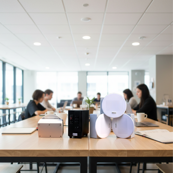 Loa âm trần thông báo, phát nhạc nền: Âm ly A155 + 4 VAT38, loa được thiết kế riêng cho quán, bật lớn không tạp âm, miễn phí công lắp đặt, bảo hành dài hạn 5 năm.