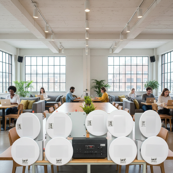 Loa âm trần thông báo, phát nhạc nền: Âm ly A907 Goldsound 2 vùng âm lượng 900w + 10 loa âm trần Goldsound VAT38 38w, loa được thiết kế riêng cho quán, bật lớn không tạp âm, miễn phí công lắp đặt, bảo hành dài hạn 5 năm