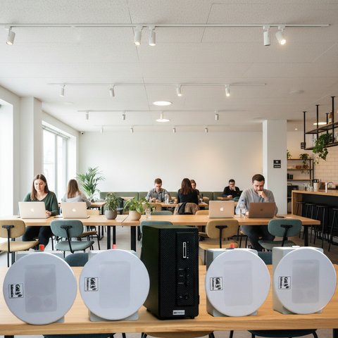 Loa âm trần thông báo, phát nhạc nền tự động: Amply AMT156 + 4 VAT38, loa được thiết kế riêng cho quán, bật lớn không tạp âm, miễn phí công lắp đặt, bảo hành dài hạn 5 năm.