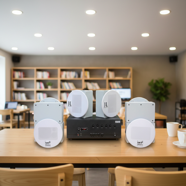 Loa âm trần thông báo, phát nhạc nền tự động: A384-6K Goldsound 6 vùng âm lượng 1200w + 6 loa âm trần Goldsound VAT38 38w, Amply 4 - 6 vùng âm lượng, loa được thiết kế riêng cho quán, bật lớn không tạp âm, miễn phí công lắp đặt, bảo hành dài hạn 5 năm.