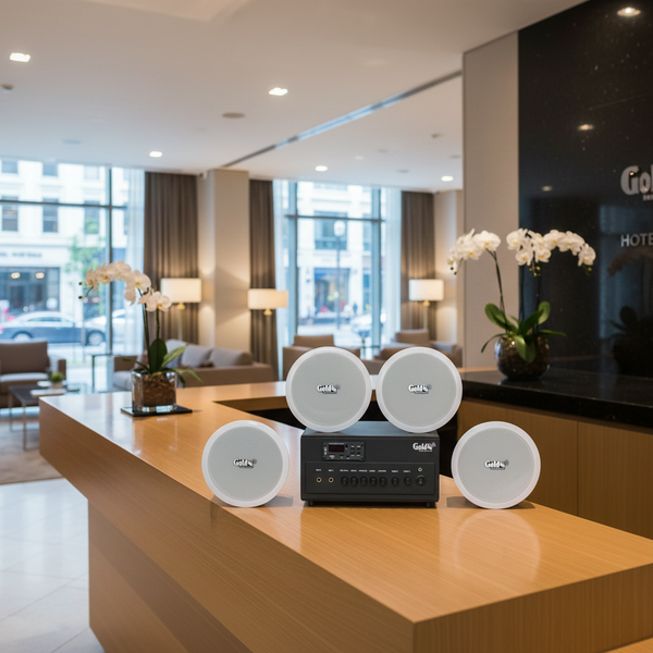 Dàn loa âm trần thông báo, phát nhạc nền tự động: A384PU-2K Goldsound 2 vùng âm lượng 380w + 4 loa âm trần VAT13, loa được thiết kế riêng cho quán, bật lớn không tạp âm, miễn phí công lắp đặt, bảo hành dài hạn 12 tháng