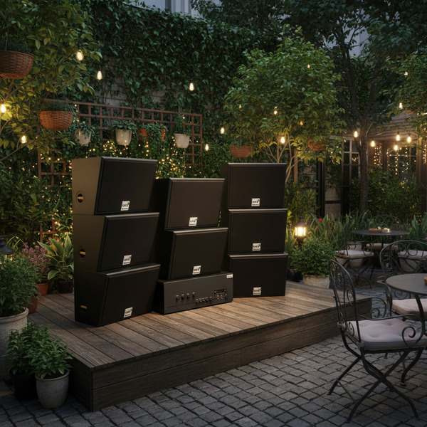 Dàn loa sân vườn: Amply A917 - 4K  + 8 loa V130NT, Amply 4 - 6 vùng âm lượng, loa được thiết kế riêng, bật lớn không tạp âm, miễn phí công lắp đặt, bảo hành dài hạn 5 năm.