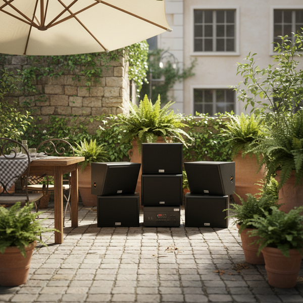 Dàn loa sân vườn: Amply A917 + 6 V130NT, Amply hai vùng âm lượng, loa được thiết kế riêng, bật lớn không tạp âm, miễn phí công lắp đặt, bảo hành dài hạn 5 năm.