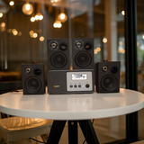 Loa quán cafe, loa cho nhà hàng trọn gói: 04 Loa vệ tinh V18 - 18w + 1 Âm ly A100 100w