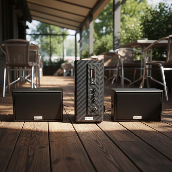 Dàn loa treo tường thông báo phát nhạc nền tự động: AMT155 Goldsound 150w + 2 loa Goldsound ngoài trời V50NT 50w, loa được thiết kế riêng cho quán, bật lớn không tạp âm, miễn phí công lắp đặt, bảo hành 12 tháng