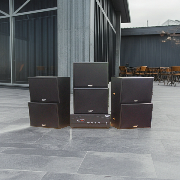 Dàn loa treo tường: Amply A918PU - 2K Goldsound 2 vùng âm lượng 1200w + 6 loa Goldsound V130 - 130w, loa được thiết kế riêng cho quán, bật lớn không tạp âm, miễn phí công lắp đặt, bảo hành dài hạn 5 năm.
