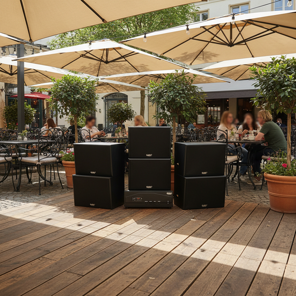 Dàn loa treo tường: Amply A918PU - 2K Goldsound 2 vùng âm lượng 1200w + 6 loa Goldsound V130 - 130w, loa được thiết kế riêng cho quán, bật lớn không tạp âm, miễn phí công lắp đặt, bảo hành dài hạn 5 năm.
