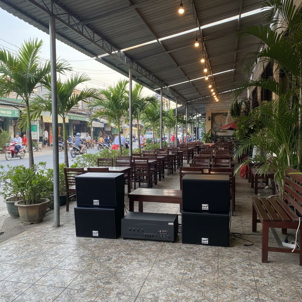 Dàn loa treo tường: Amply A917 - 4K + 4 V130, Amply hai vùng âm lượng, loa được thiết kế riêng, bật lớn không tạp âm, miễn phí công lắp đặt, bảo hành dài hạn 5 năm.